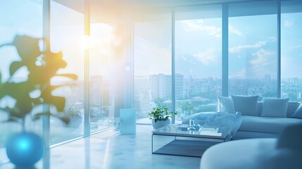 Bright and modern living room with large windows, showcasing a stunning city view and stylish decor bathed in soft sunlight.