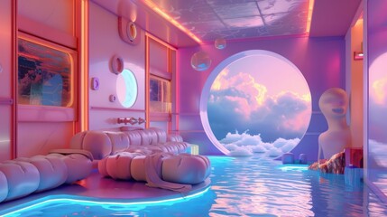 Poster - A vibrant, futuristic room featuring neon lights, soft textures, and a dreamy water view, perfect for creative inspiration.