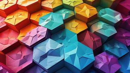 Poster - A vibrant array of colorful geometric hexagons with a three-dimensional appearance, perfect for creative backgrounds and designs.