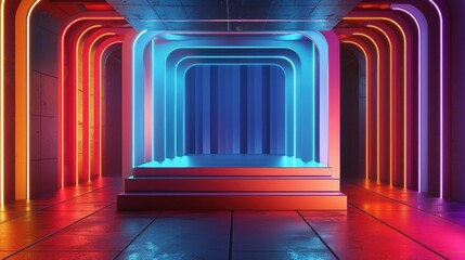 Poster - A vibrant corridor of neon lights creating a futuristic and dynamic atmosphere, perfect for creative visuals and modern designs.