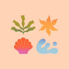 Wall Mural - vector abstract summer nature elements.hand drawn wave,star or sun,seashell,palm.modern graphic in n