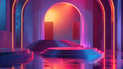 Poster - A vibrant, futuristic scene featuring glowing arches and steps, perfect for a modern design or artistic project.