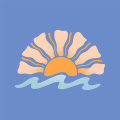 Wall Mural - vector abstract summer sun emblem.hand drawn sun and ocean or sea waves.modern graphic in naive simp