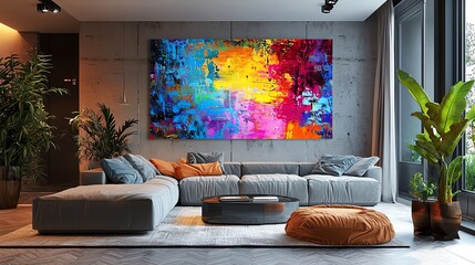 Modern living room featuring a vibrant abstract painting, stylish furniture, and greenery for a contemporary aesthetic.