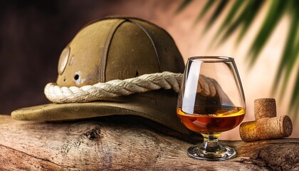 snifter of brandy cork tropical colonial helmet and rope on a old wooden snag