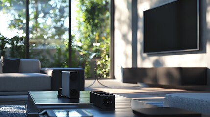 Modern living room interior featuring a sleek design, large windows, and stylish furniture with warm natural light.