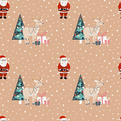 Santa Claus with Christmas tree seamless pattern in flat style. Vector illustration for holiday designs of wrapping paper, covers, fabric, textiles, greeting cards. Concept of Christmas and New Year