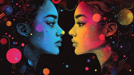 Wall Mural - Digital Art of Duality: Contrasting Blue and Yellow Faces with Colorful Elements