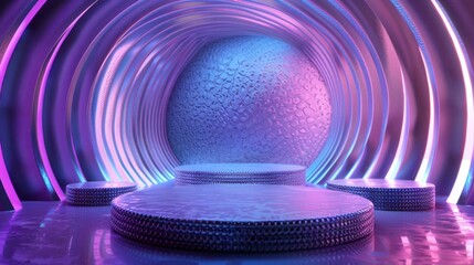 Poster - Futuristic abstract space with glowing neon lights and a spherical centerpiece, perfect for creative design and artistic projects.