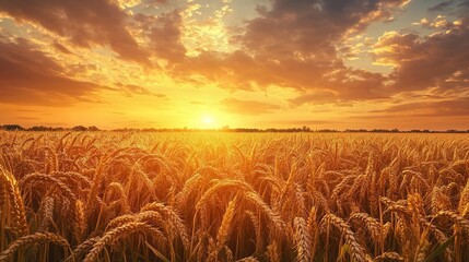 Wheat field at sunset. Ears of golden wheat close-up. Beautiful rural landscape. Rich harvest concept.