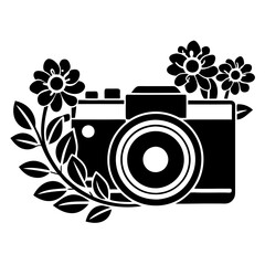 A black logo of a vintage camera white flowres