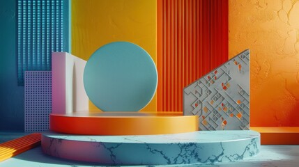 Poster - Vibrant geometric composition featuring circular and angular shapes in bright colors against a textured backdrop.