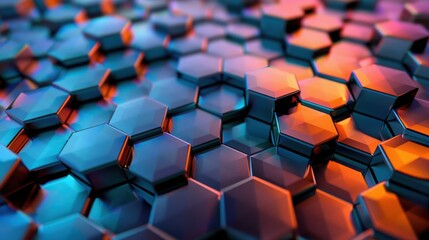 Poster - Vibrant hexagonal patterns with glossy surfaces reflecting light in shades of blue and orange, creating a dynamic abstract background.