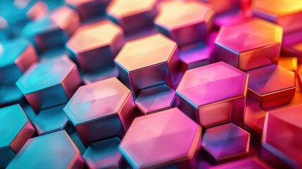 Poster - Vibrant hexagonal patterns with colorful lighting create a stunning abstract background perfect for modern designs.