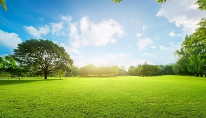 fresh air and beautiful natural landscape of meadow with green tree in the sunny day for summer background beautiful lanscape of grass field with forest trees and enviroment public park with sun ray