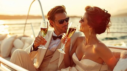 Wall Mural - Gorgeous couple celebrating on a yacht while sipping champagne