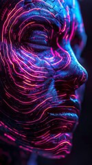 Wall Mural - generative face illustration with lines like a fingerprint neon light reflected in the skin surface
