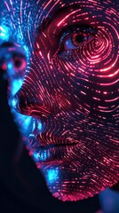 Wall Mural - generative face illustration with lines like a fingerprint neon light reflected in the skin surface