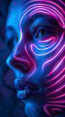 Wall Mural - generative face illustration with lines like a fingerprint neon light reflected in the skin surface