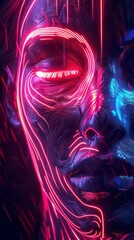 Wall Mural - generative face illustration with lines like a fingerprint neon light reflected in the skin surface