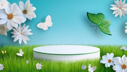 Wall Mural - paper cut of field of flowers and butterfly on blue sky background with white and green cylinder podium for your products display presentation