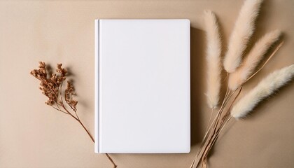 white book blank cover mockup on a beige background with dry flower flat lay mockup