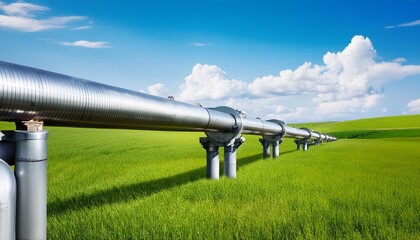 metal pipeline with green field and blue sky background