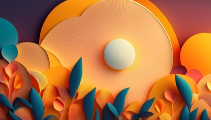 Wall Mural - colorful abstract natural background with stylized sun and plants on foreground