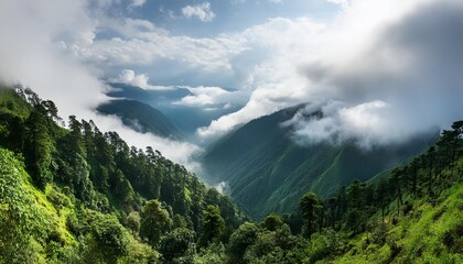 scenic lush green tropical landscape panorama with low clouds in the mountains of arunachal pradesh india