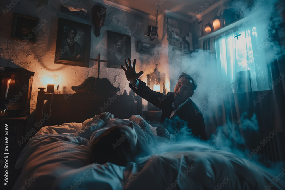 Exorcism Ritual, Demonic Possession, Young Girl Victim, Priest Figure ...