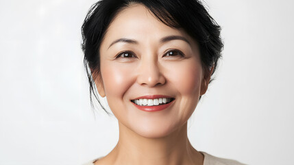 Wall Mural - Beautiful Mature Asian woman close up portrait. Beautiful gorgeous 40-50s mid aged mature lady looking at camera isolated on white.