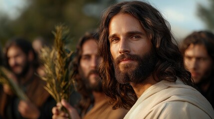 Triumphal entry scene: Jesus Christ rides into Jerusalem on donkey, met by jubilant crowds waving palm branches, symbolizing peace, prophecy, significance of Palm Sunday in Christian tradition.