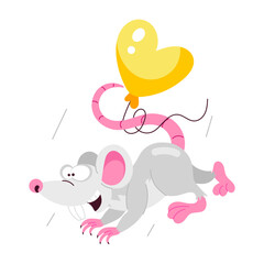 Poster - Rat flying with heart balloon, flat sticker 

