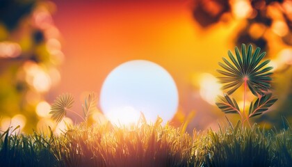 Poster - colorful abstract natural background with stylized sun and plants on foreground