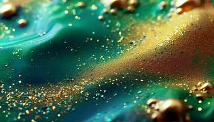 Wall Mural - various stains and overflows of gold particles in green fluid with blue tints golden particles dust and smooth defocused background liquid iridescent shiny backdrop with depth of field