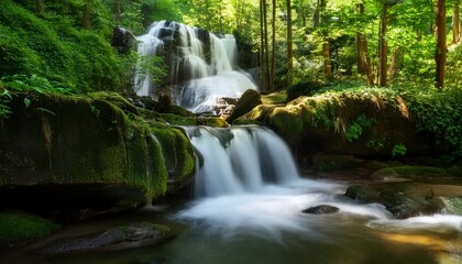 Wall Mural - waterfall cascades in a green forest