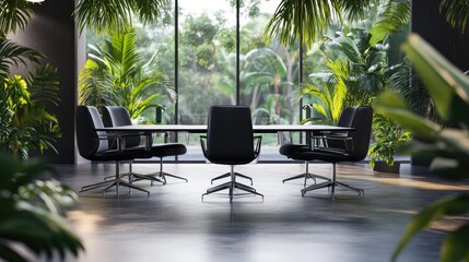Poster - A modern company office interior with black chairs around a matte black table, highlighted by tropical plants and sleek flooring
