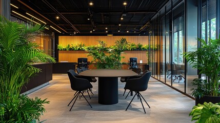 Poster - A modern company office interior with black chairs around a matte black table, highlighted by tropical plants and sleek flooring