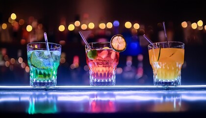 Wall Mural - colorful cocktails in a glass on the bar counter neon lights on dark night background with lights