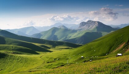 Wall Mural - a serene highland landscape with lush green pastures rolling hills and majestic mountains