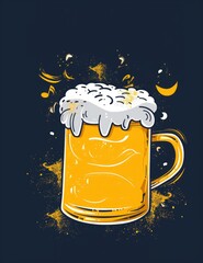 Illustration of a frothy beer mug with splashes and musical notes on a dark blue background. AI