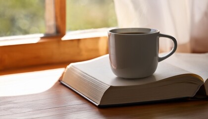 a cup of coffee and a book by the window ai