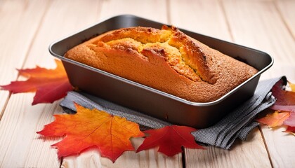 Wall Mural - freshly baked pumpkin bread cake in a baking tin served with a scattering of autumn fall leaves