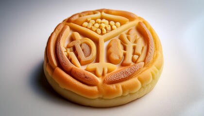 Wall Mural - close up on a pancake shaped like a japanese 10 yen coin which is a chewy dough full of cheese modelled on the edible 10 won coins known as golden 10 won bread that have become popular in south korea