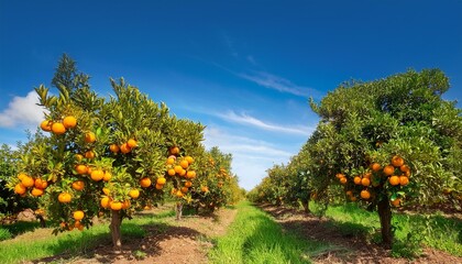 Wall Mural - an orange grove under a blue sky with trees full of oranges