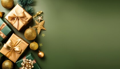 Wall Mural - a banner for the new year featuring christmas gift boxes with gold decorations on a khaki background