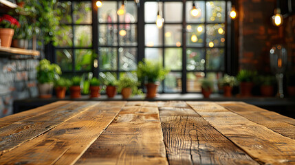 Sticker - A wooden table with a view of a window and potted plants