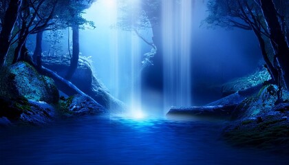 Canvas Print - mysterious forest with blue lighting and waterfall fantasy landscape loop animation background illustration