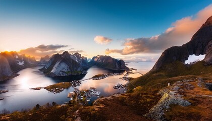 Canvas Print - mountain lake above reine fjord at sunset