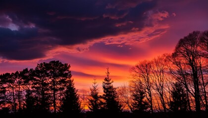 Sticker - beautiful crimson sunset before a night thunderstorm silhouette of treetops against the backdrop of a colorful sunset sky